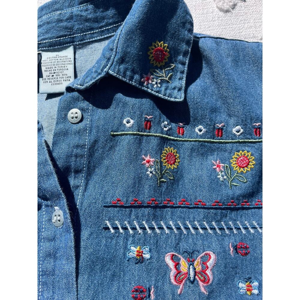 Vintage 90s Floral Embroidered Short Sleeve Shirt Grandma Cottage Plus Size 2X